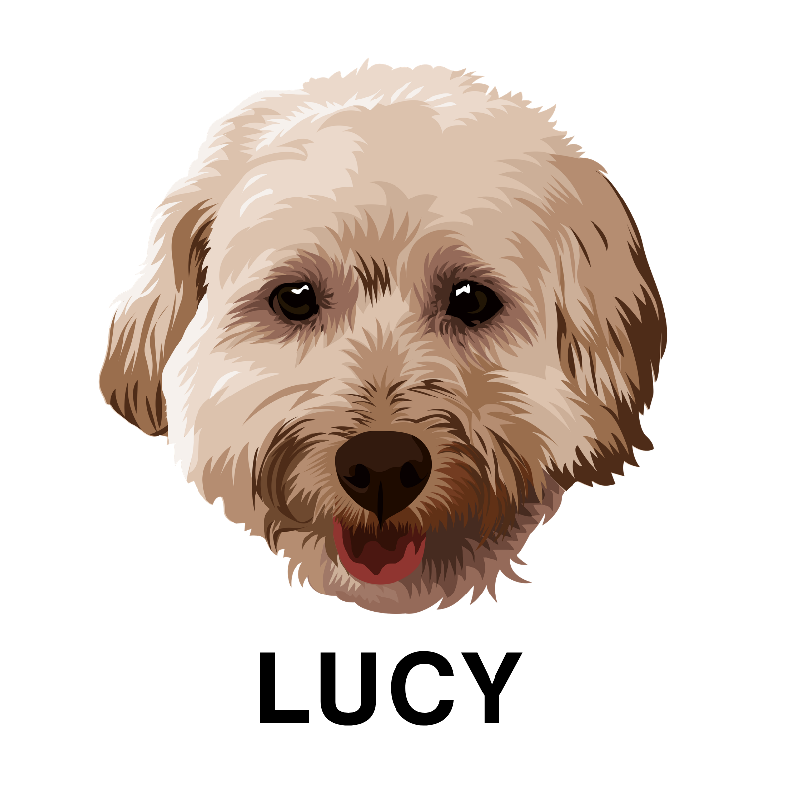 
                  A stylized illustrated dog face with the name 'LUCY' below it on a plain white background.
                