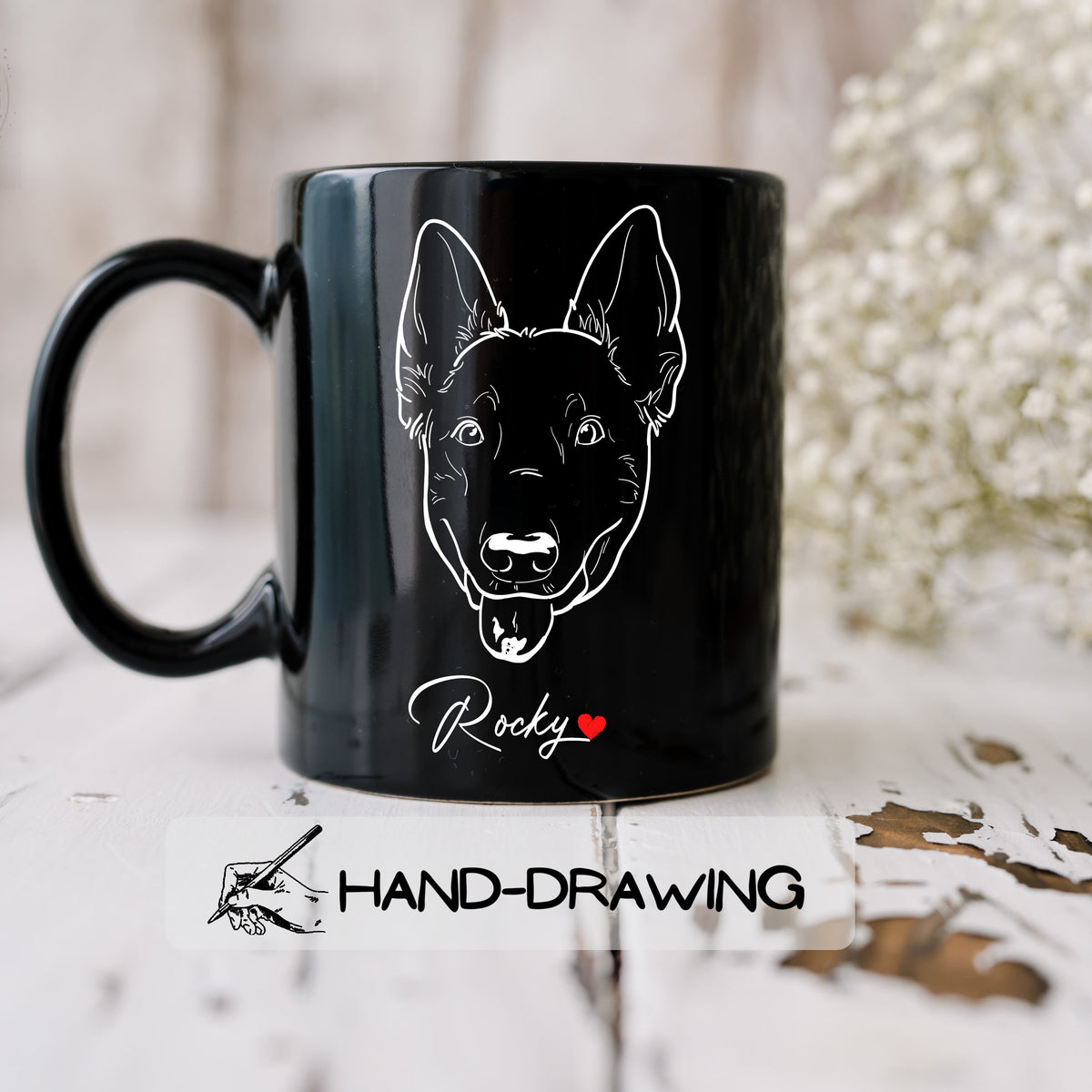 Black and white dog portrait mug personalized from photo