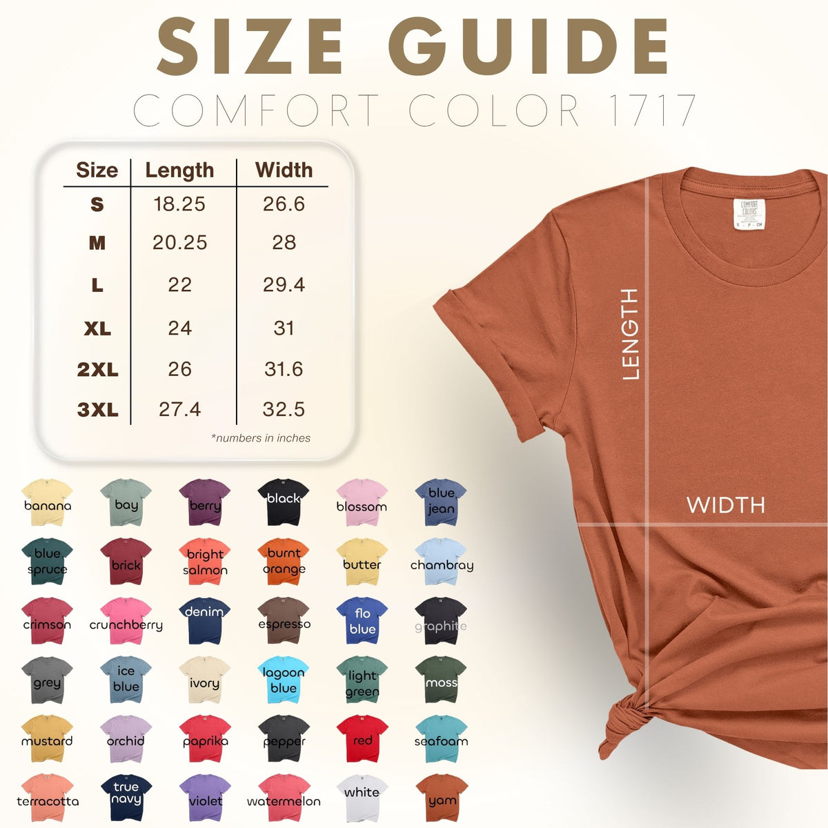 A size guide infographic for Comfort Color 1717 t-shirts, showing a rust-colored t-shirt with labeled length and width measurements, a size chart table from S to 3XL, and a color options grid below.