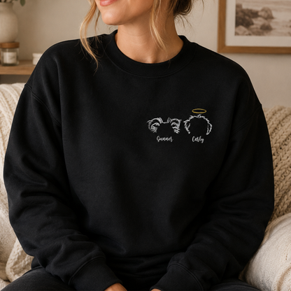 Custom Two Pet Embroidered Sweatshirt – Personalized Dog Portrait with Memorial Halo