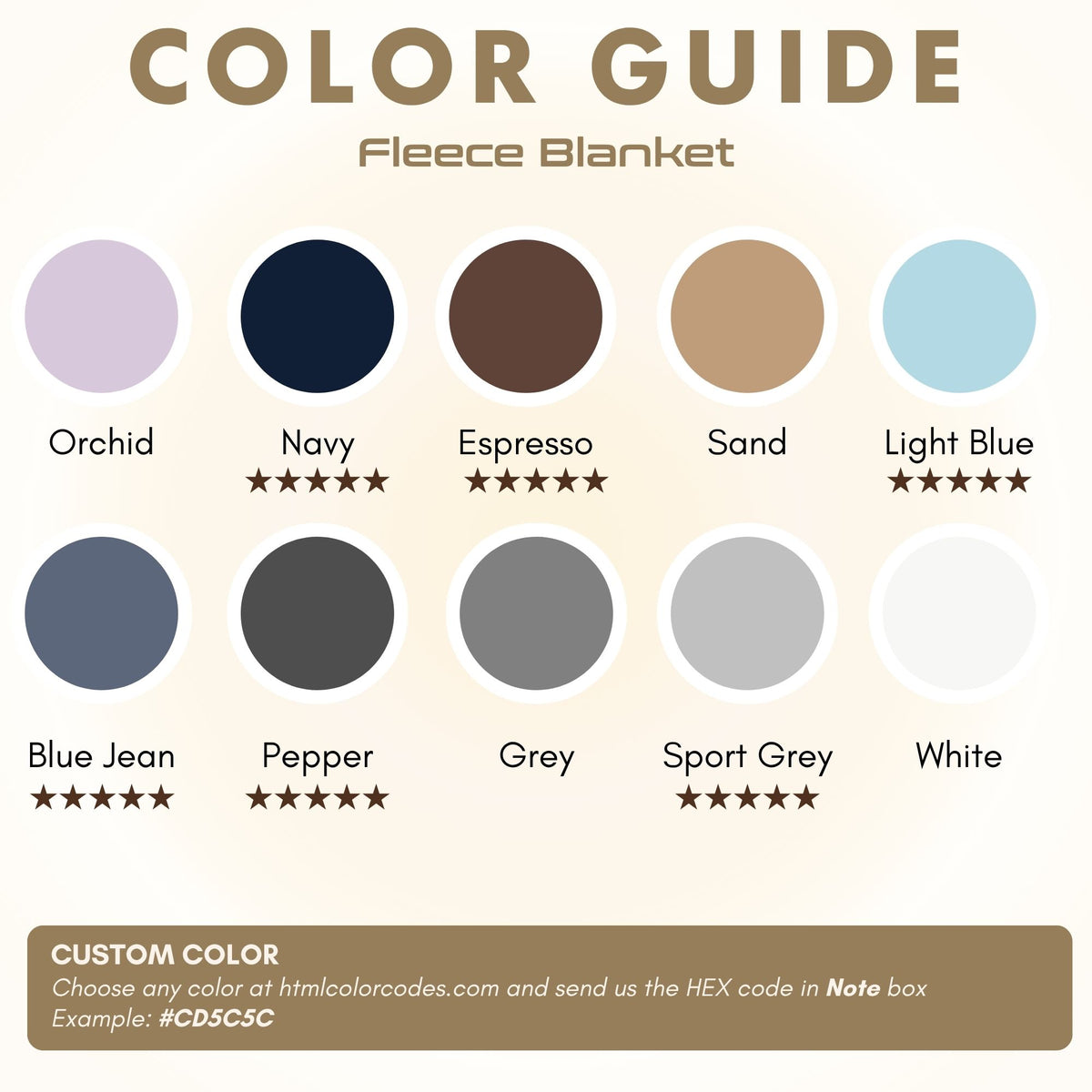 A color guide graphic for a fleece blanket showing multiple circular color options labeled Orchid, Navy, Espresso, Sand, Light Blue, Blue Jean, Pepper, Grey, Sport Grey, and White, with a note at the bottom for custom color selection.
