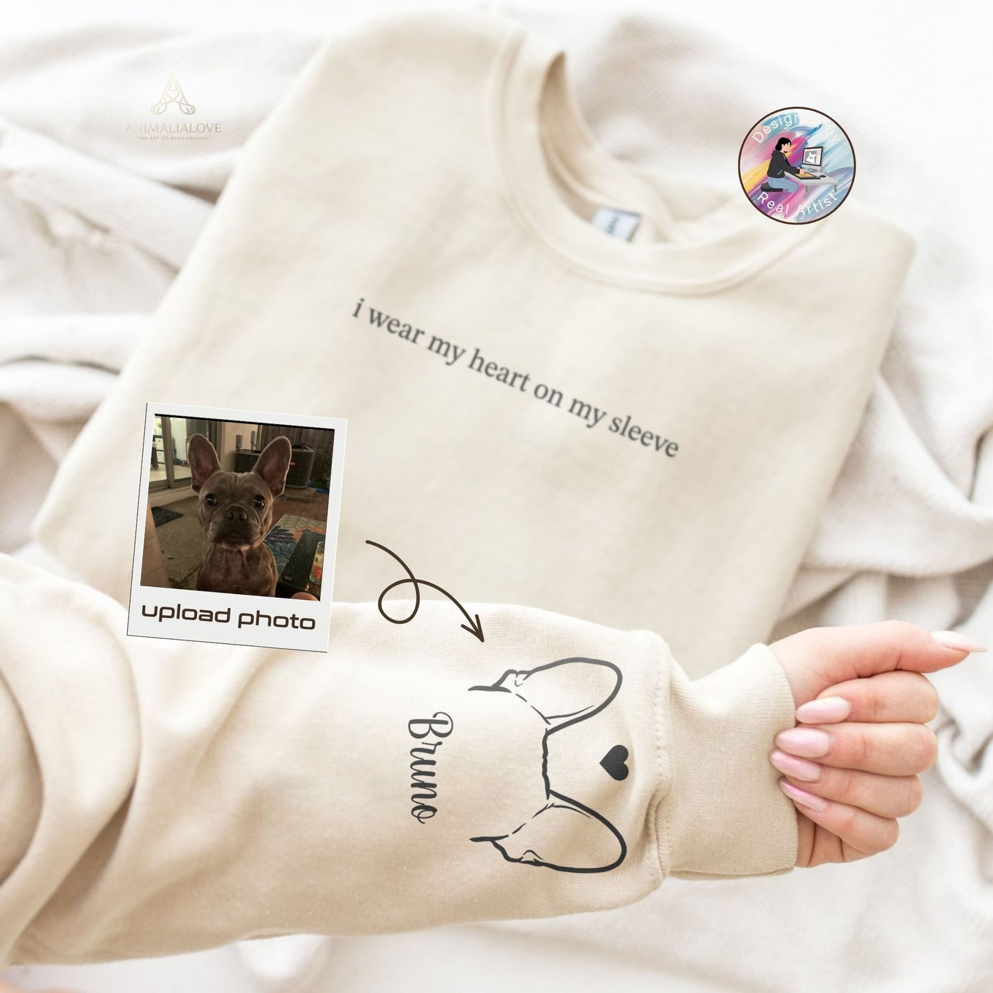 Custom Pet Portrait Crewneck Sweatshirt - Sleeve Portrait + Name