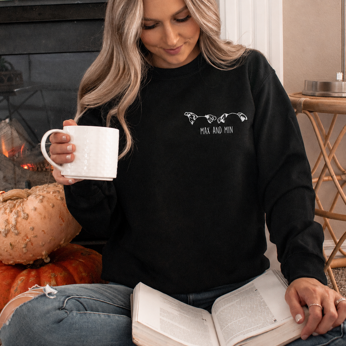 Dog lover sweatshirt with small chest pet outline design