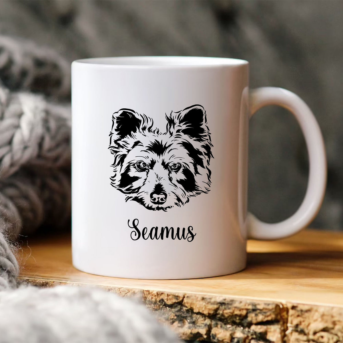 Custom black and white pet portrait on ceramic mug