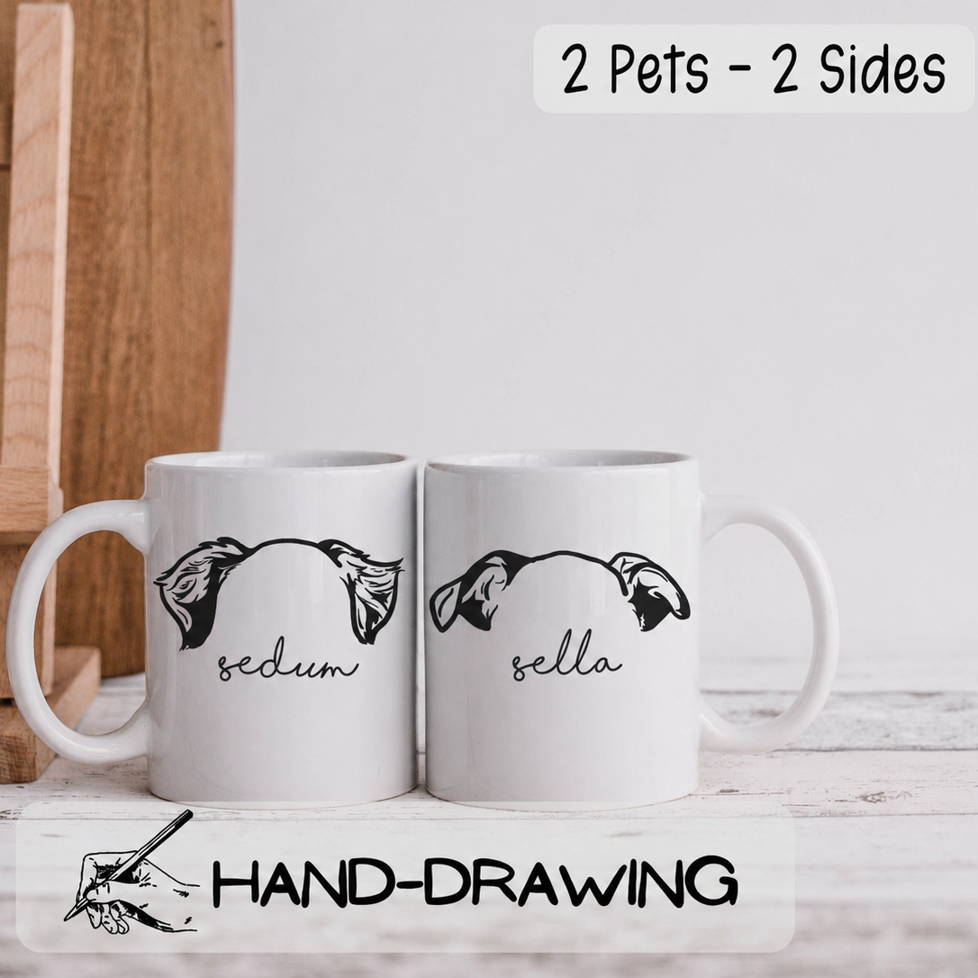 Custom dog ear mug with hand-drawn pet ear illustration and personalized name