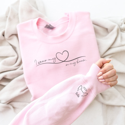 Custom Pet Ears Outline on Sleeve Crewneck Sweatshirt, i wear my heart on my sleeve