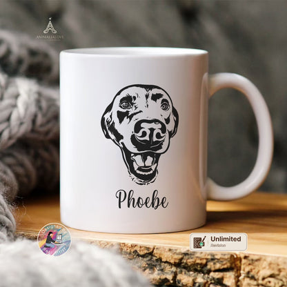 Custom pet portrait mug with personalized dog face drawing and pet name