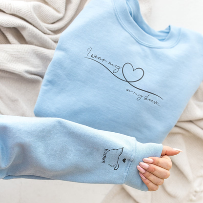 Custom Pet Ears Outline on Sleeve Crewneck Sweatshirt, i wear my heart on my sleeve
