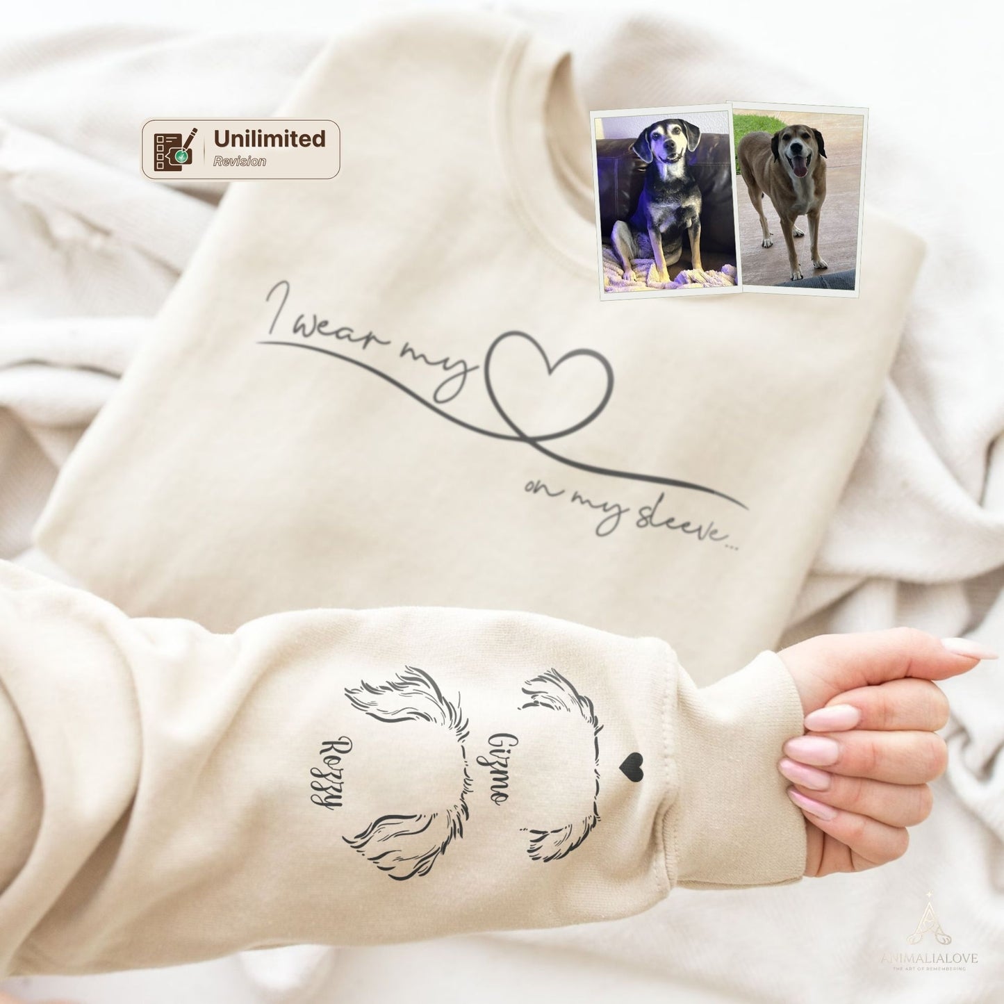 Custom Pet Ears Outline on Sleeve Crewneck Sweatshirt, i wear my heart on my sleeve