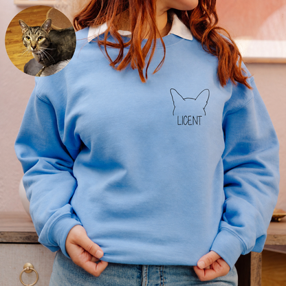 A person wearing a light blue crewneck sweatshirt with a black line-art cat head graphic and the word 'LICENT' printed on the chest. The photo is cropped from the shoulders to the hips, with a small circular inset showing a cat portrait in the upper left.