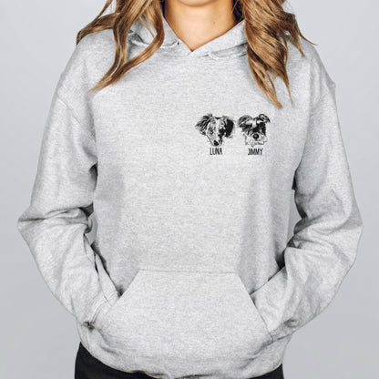 Gray hoodie showing two detailed custom pet face sketches with names beneath