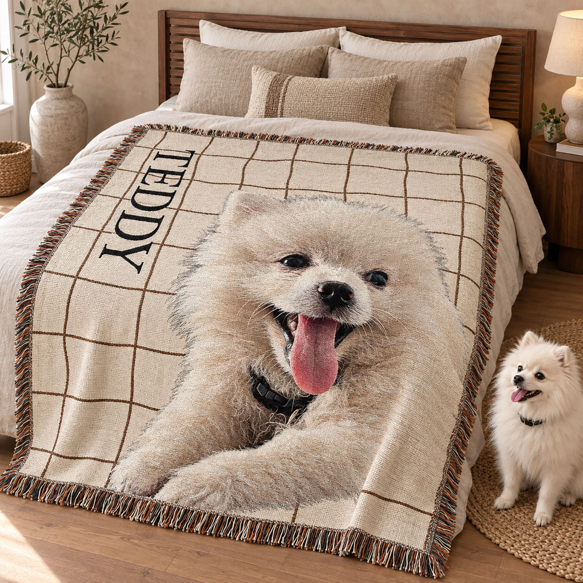 Personalized blanket on a bed featuring a fluffy white dog portrait on a neutral grid background