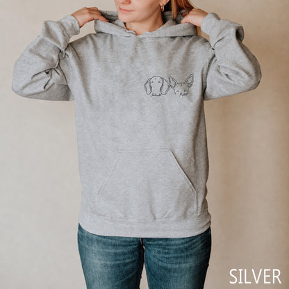 Gray hoodie with two black dog outline portraits and personalized names