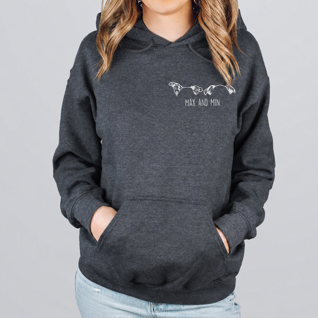 Dark charcoal pet hoodie featuring three minimalist pet profiles labeled Max and Min