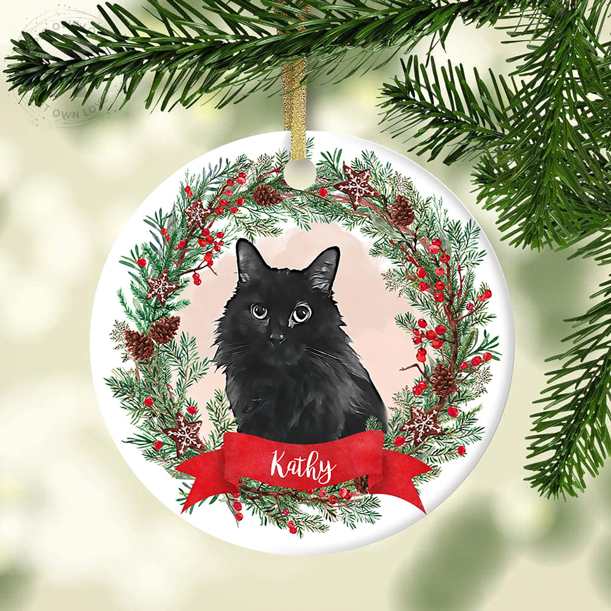 Round ceramic ornament featuring a black cat portrait, red berries, greenery, and Kathy name banner