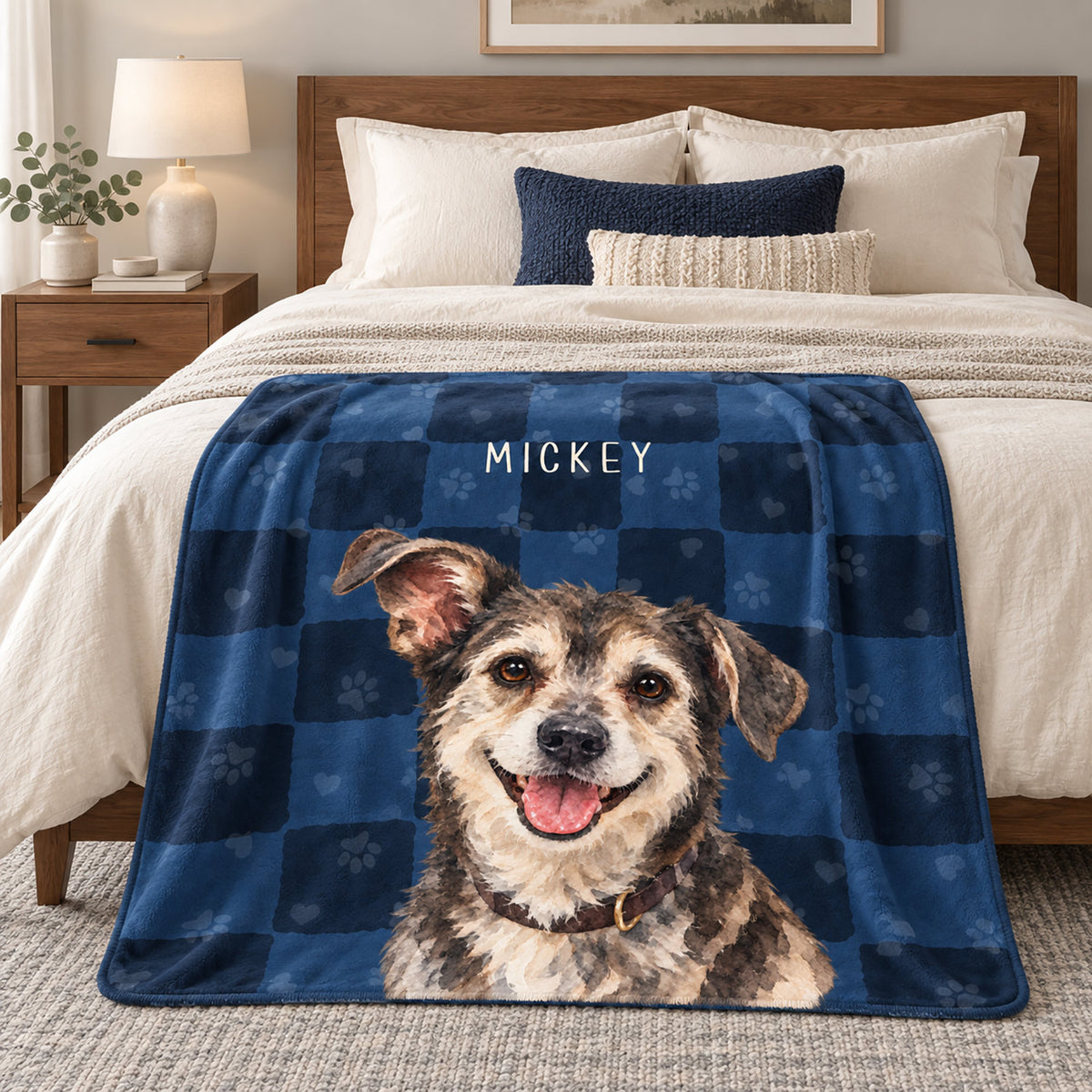 Personalized navy pet blanket with a happy brown and white dog portrait named Mickey