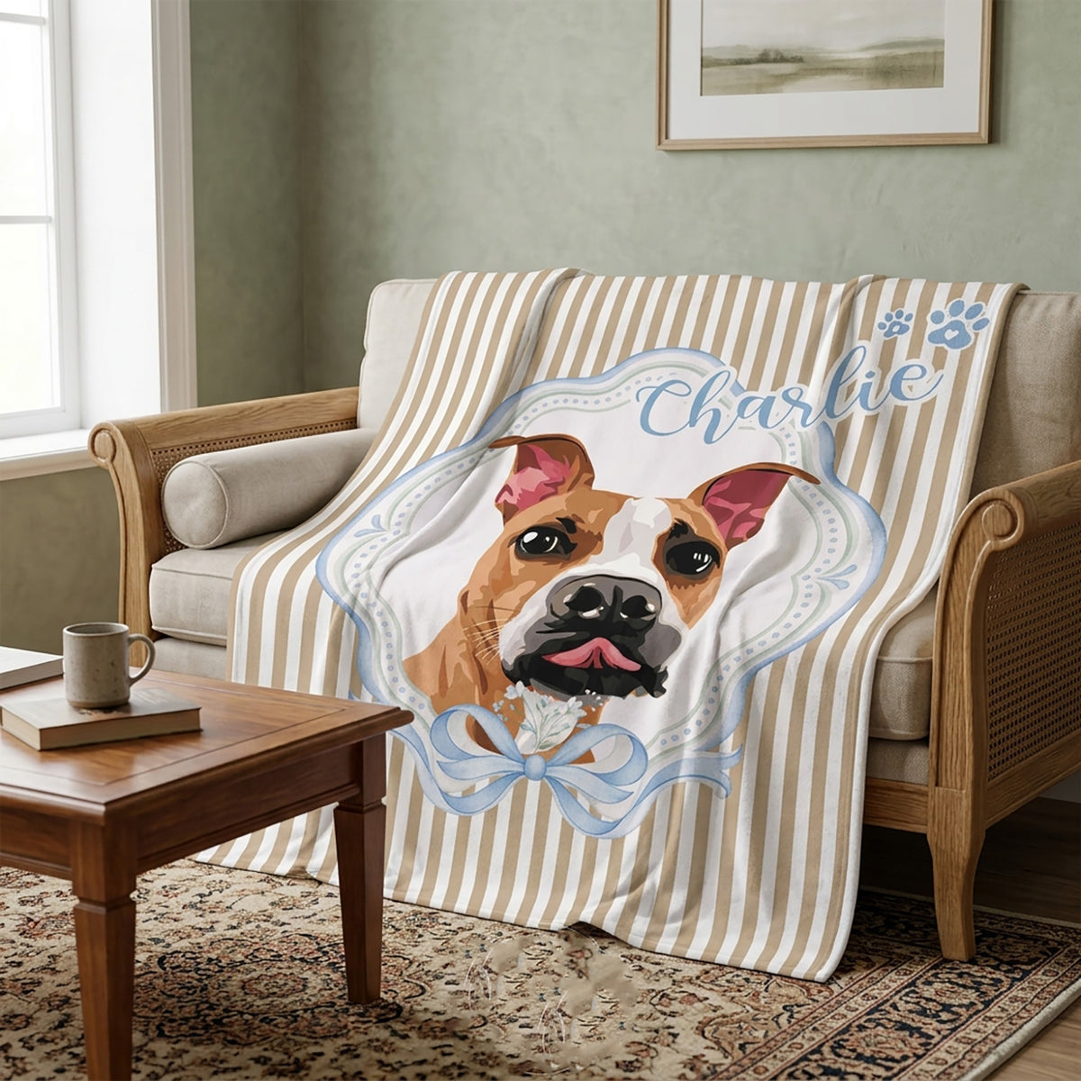 Personalized striped fleece blanket with a watercolor bulldog portrait named Charlie