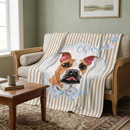 Personalized striped fleece blanket with a watercolor bulldog portrait named Charlie