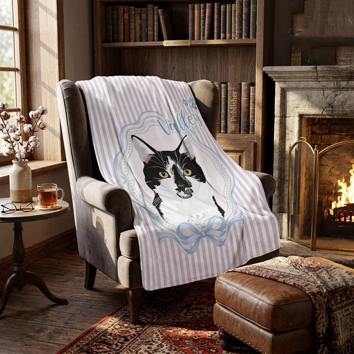 Lavender striped pet blanket featuring a black and white cat portrait named Valley