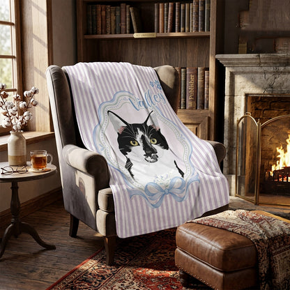 Lavender striped pet blanket featuring a black and white cat portrait named Valley