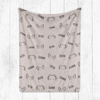 Neutral custom pet blanket with repeated floppy and pointed ear outlines and Eleanor and Kevin names