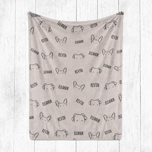 Neutral custom pet blanket with repeated floppy and pointed ear outlines and Eleanor and Kevin names