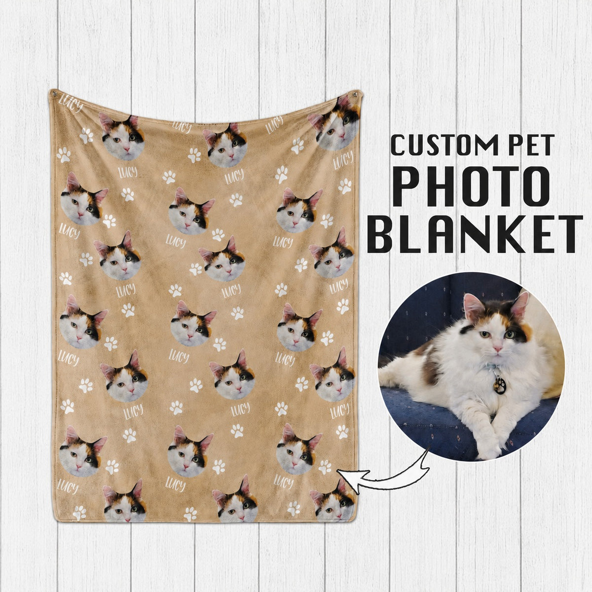 Tan personalized blanket featuring repeated calico cat faces, name text, and paw prints beside a pet photo