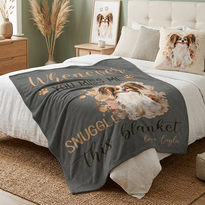 Charcoal personalized pet blanket with watercolor dog portrait and Whenever You Miss Me message