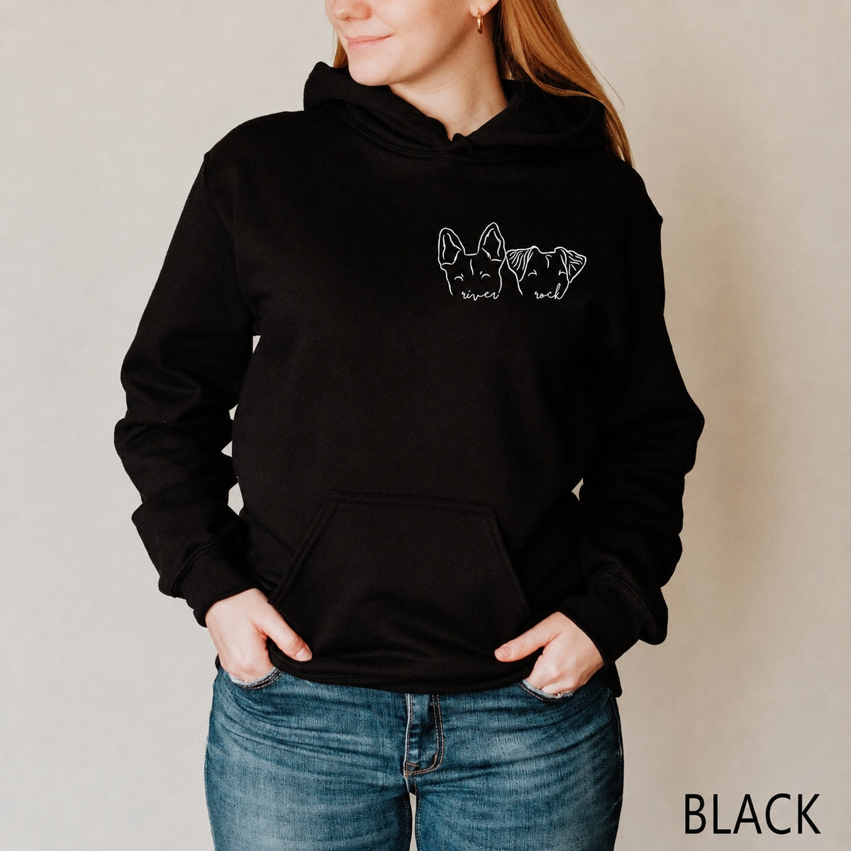 Black hoodie with two white minimalist dog ear outlines and names on the chest