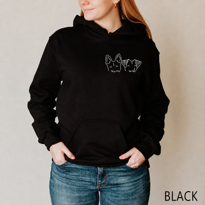 Black hoodie with two white minimalist dog ear outlines and names on the chest