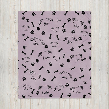 Lavender personalized pet blanket with repeated floppy-ear illustrations, pet names, paw prints, and bones