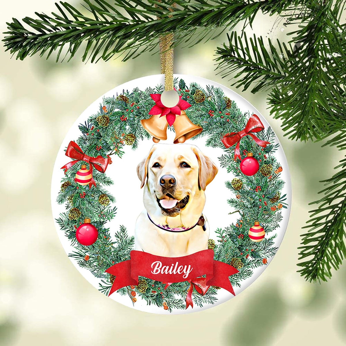 Personalized Christmas Pet Ornament with Festive Wreath Portrait