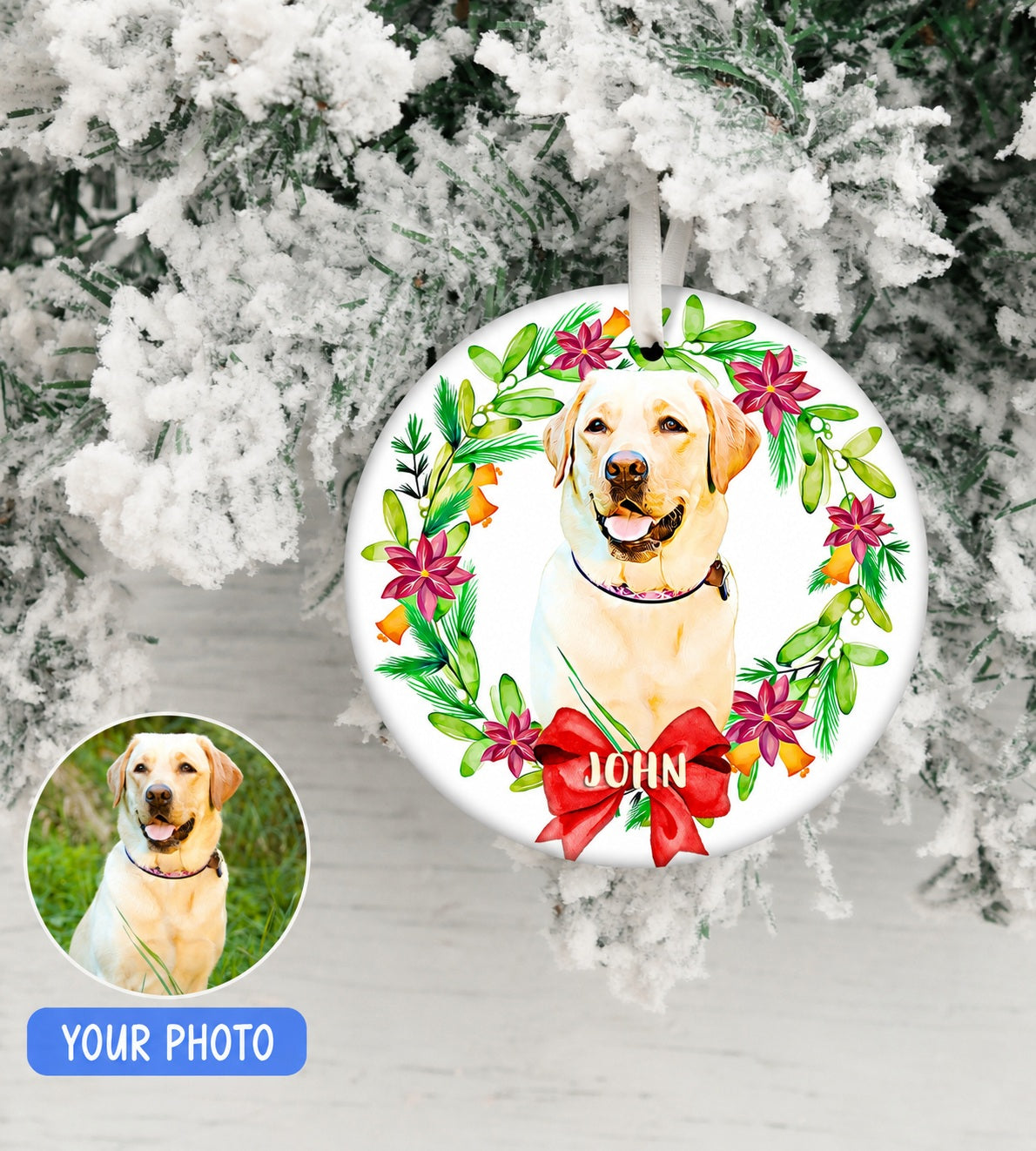 Custom pet ornament showing a yellow Labrador portrait in a colorful holiday wreath