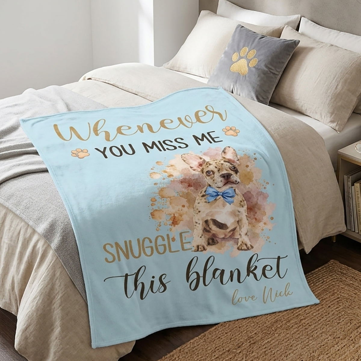 Light blue personalized pet blanket featuring a watercolor French bulldog portrait and custom name
