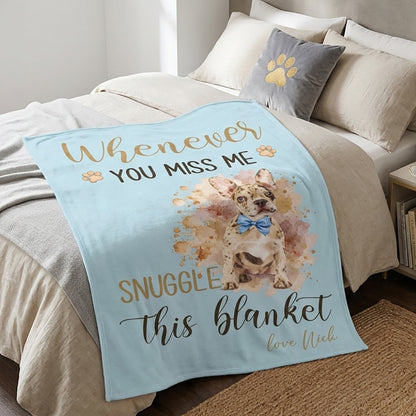 Light blue personalized pet blanket featuring a watercolor French bulldog portrait and custom name