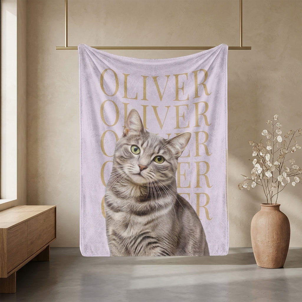 Personalized lavender pet blanket featuring a gray tabby cat portrait and the repeated name Oliver