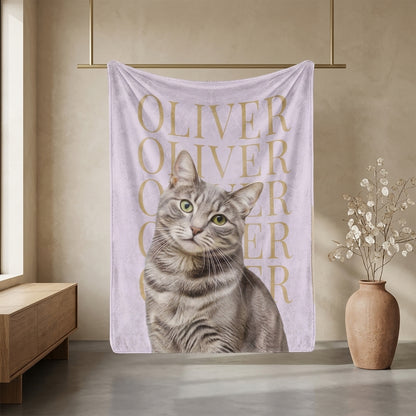 Personalized lavender pet blanket featuring a gray tabby cat portrait and the repeated name Oliver
