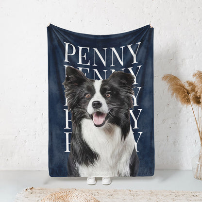 Personalized navy pet blanket featuring a black-and-white dog portrait and the repeated name Penny