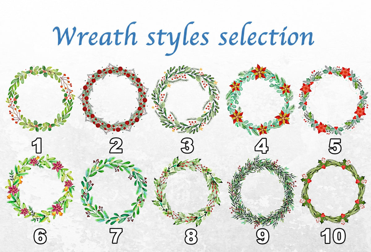 Chart showing ten illustrated holiday wreath styles for personalized pet ornaments