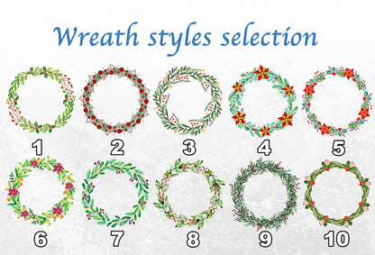 Chart showing ten illustrated holiday wreath styles for personalized pet ornaments
