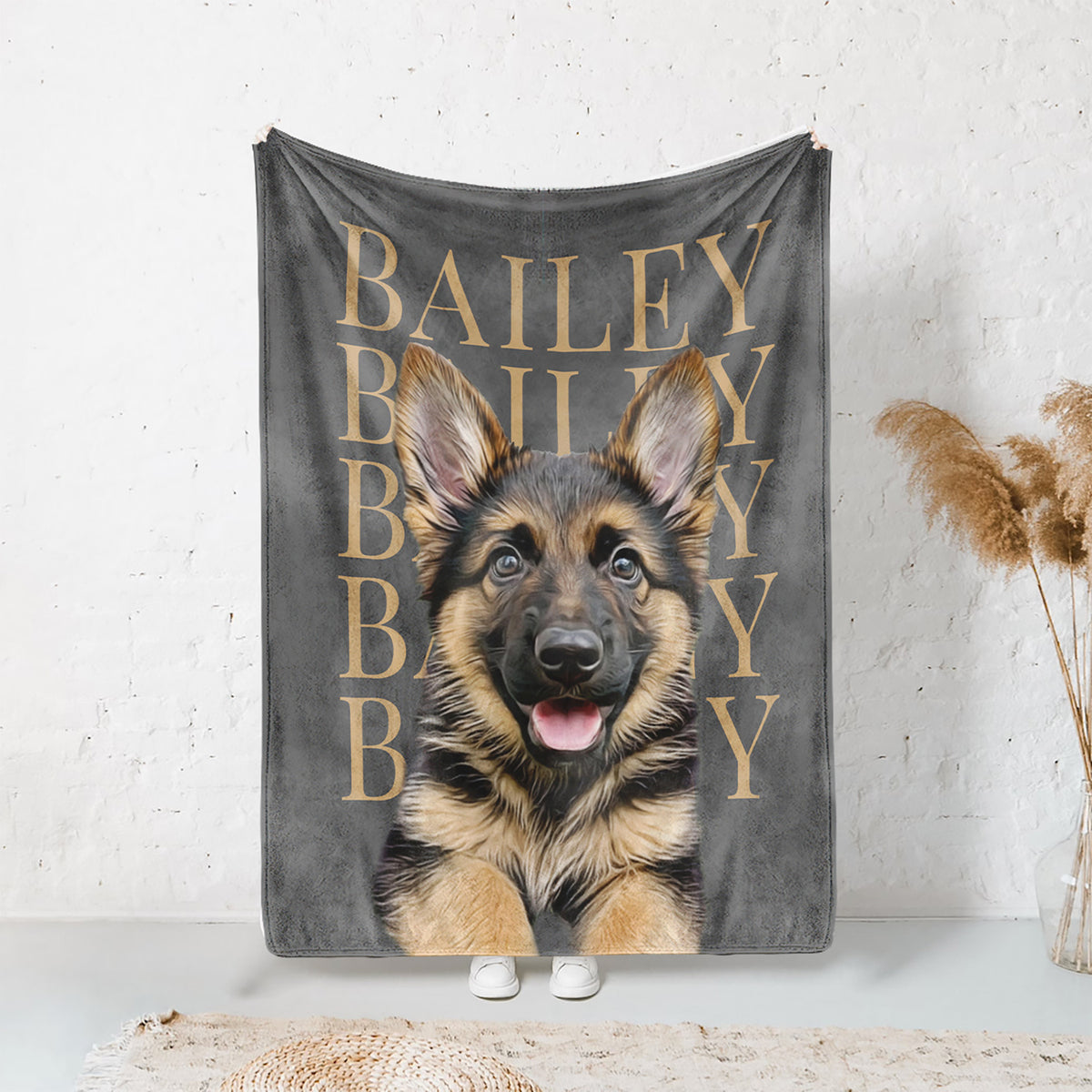 Personalized gray pet blanket featuring a German Shepherd portrait and the repeated name Bailey