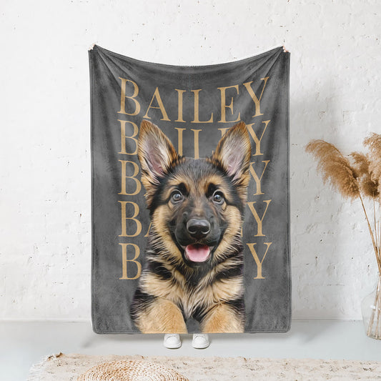 Personalized gray pet blanket featuring a German Shepherd portrait and the repeated name Bailey