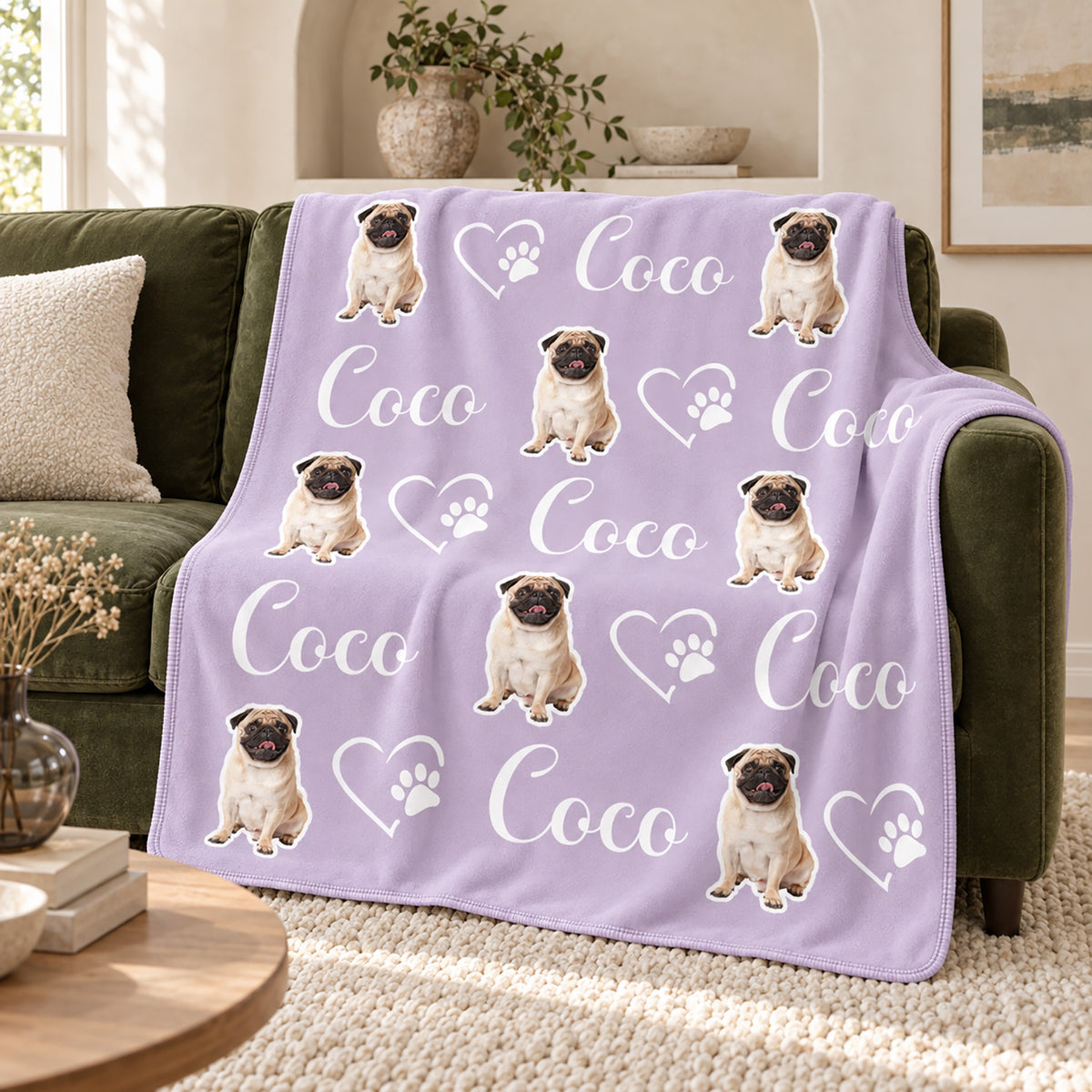 Lavender personalized blanket with repeated pug artwork, the name Coco, and heart paw designs