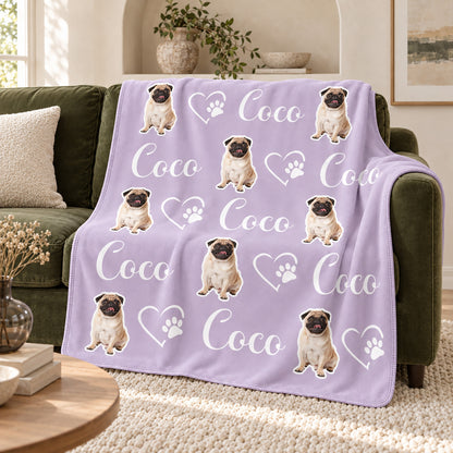 Lavender personalized blanket with repeated pug artwork, the name Coco, and heart paw designs