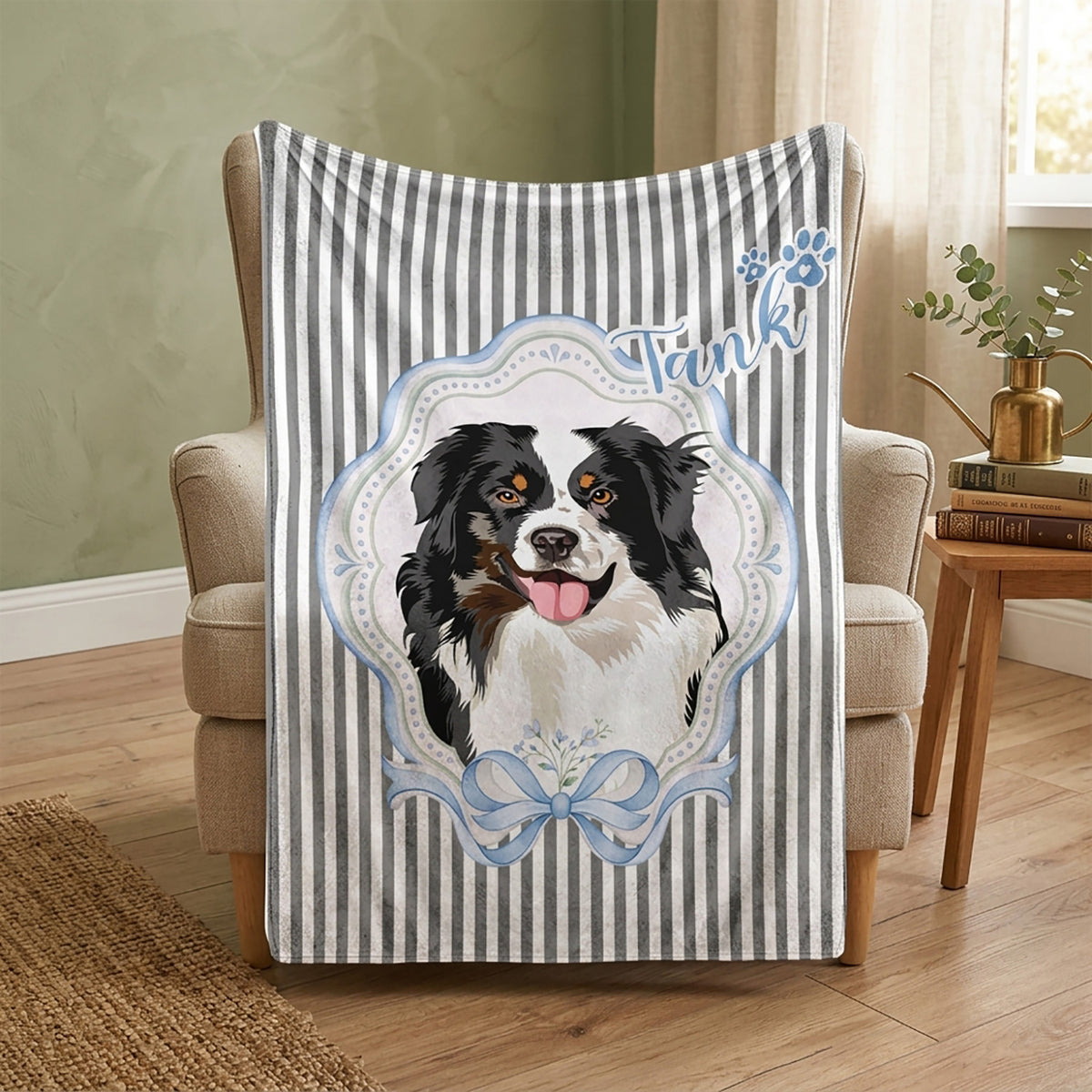 Gray striped pet blanket displaying a watercolor portrait of two dogs named Tank