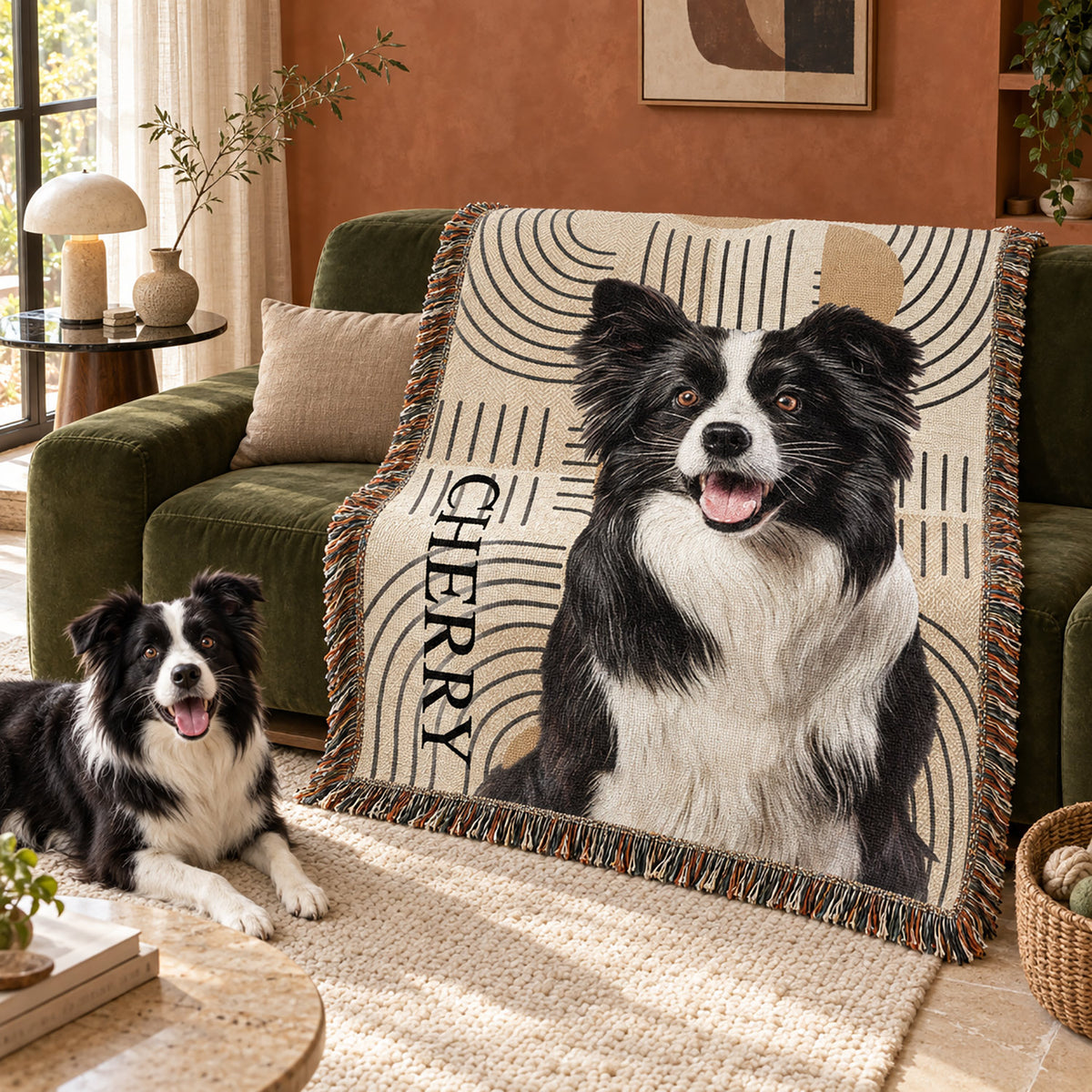 Geometric beige blanket on a sofa featuring a personalized black-and-white border collie portrait