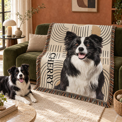Geometric beige blanket on a sofa featuring a personalized black-and-white border collie portrait