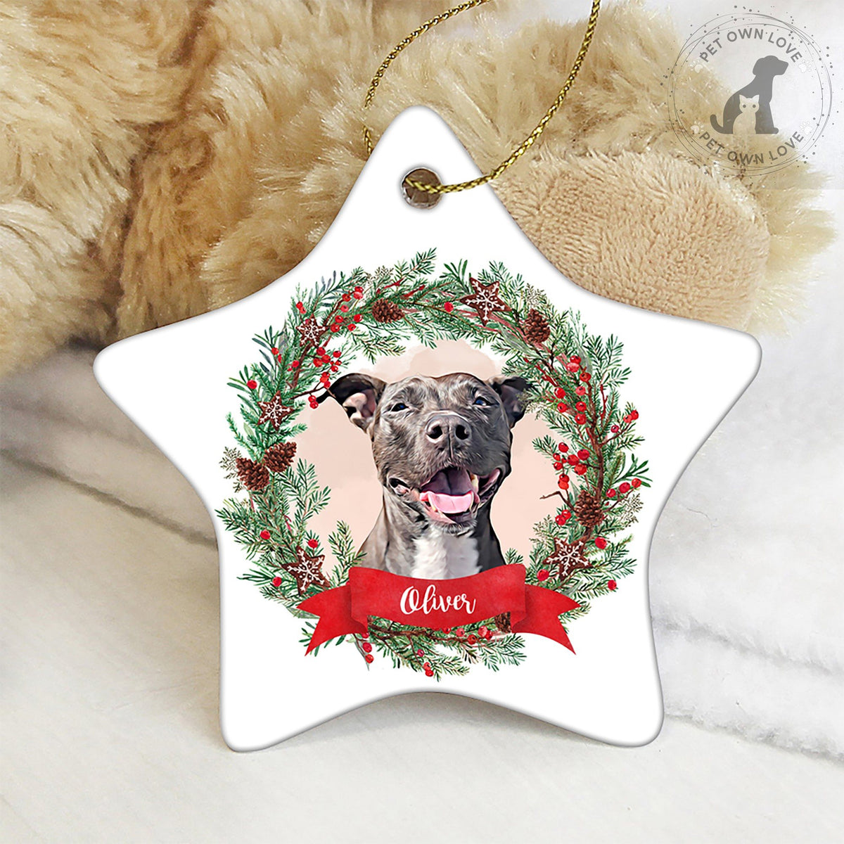 White star-shaped pet ornament featuring a smiling dog portrait, festive wreath, and Oliver name banner