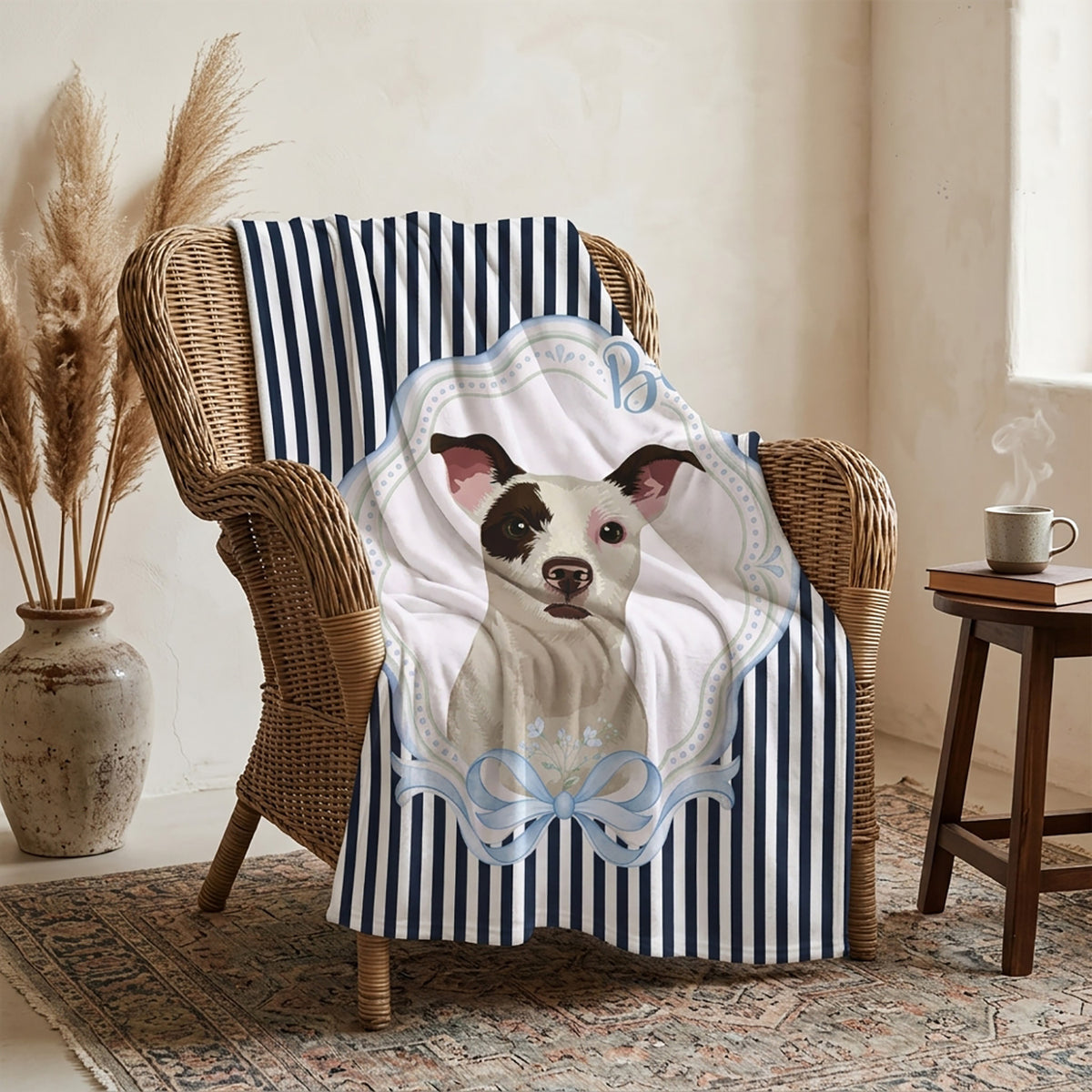 Navy striped personalized blanket with a framed portrait of a white and brown dog