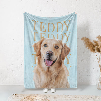 Personalized light blue pet blanket featuring a golden retriever portrait and the repeated name Teddy